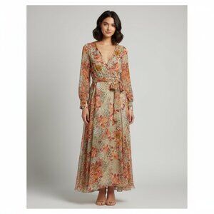 SPY ZONE EXCHANGE Diva Orange Floral Animal Long Sleeve Maxi Dress Women M NWT